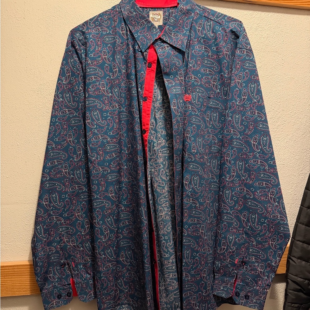 Cinch Men's Paisley Button-Down Shirt in Blue with Red Accents